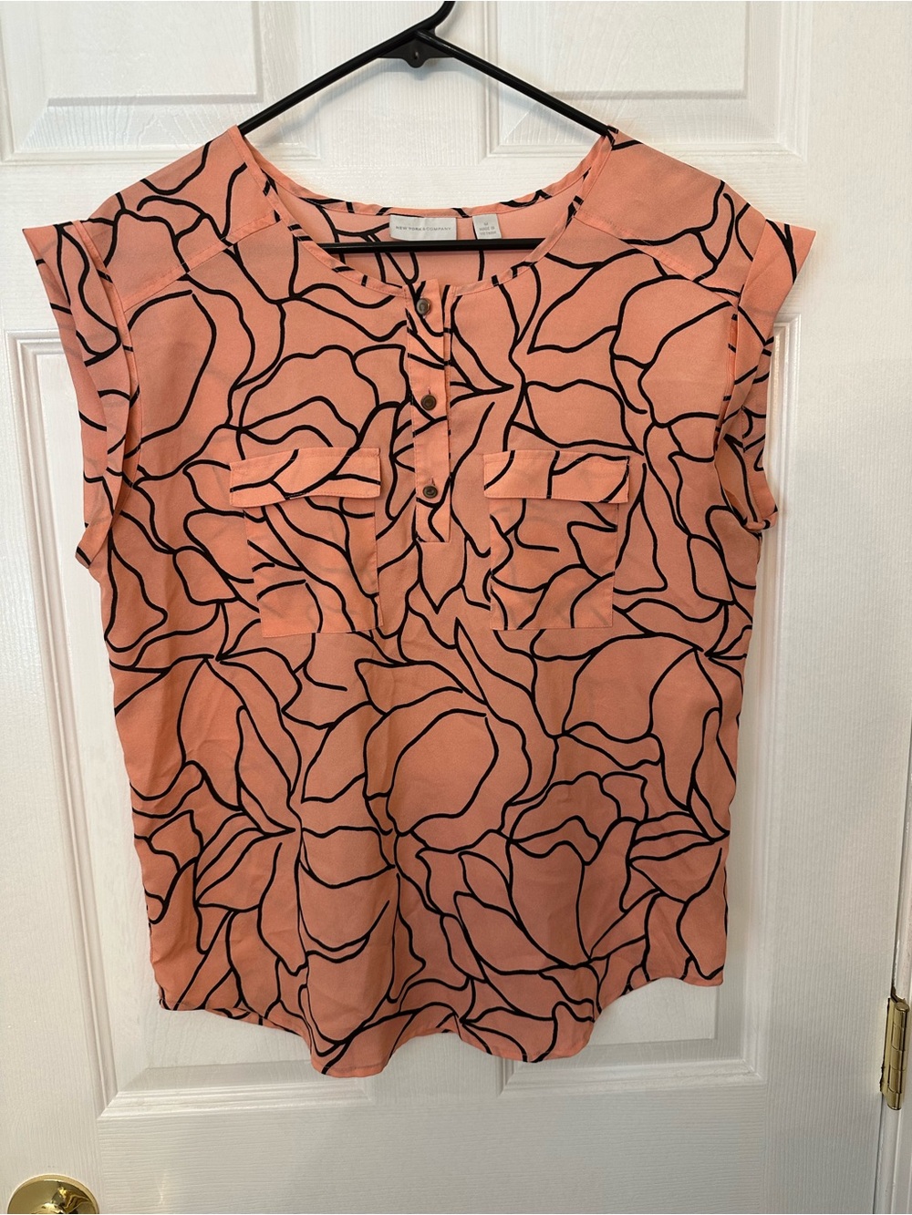 New York & Company Peach Blouse with Black Floral Lines